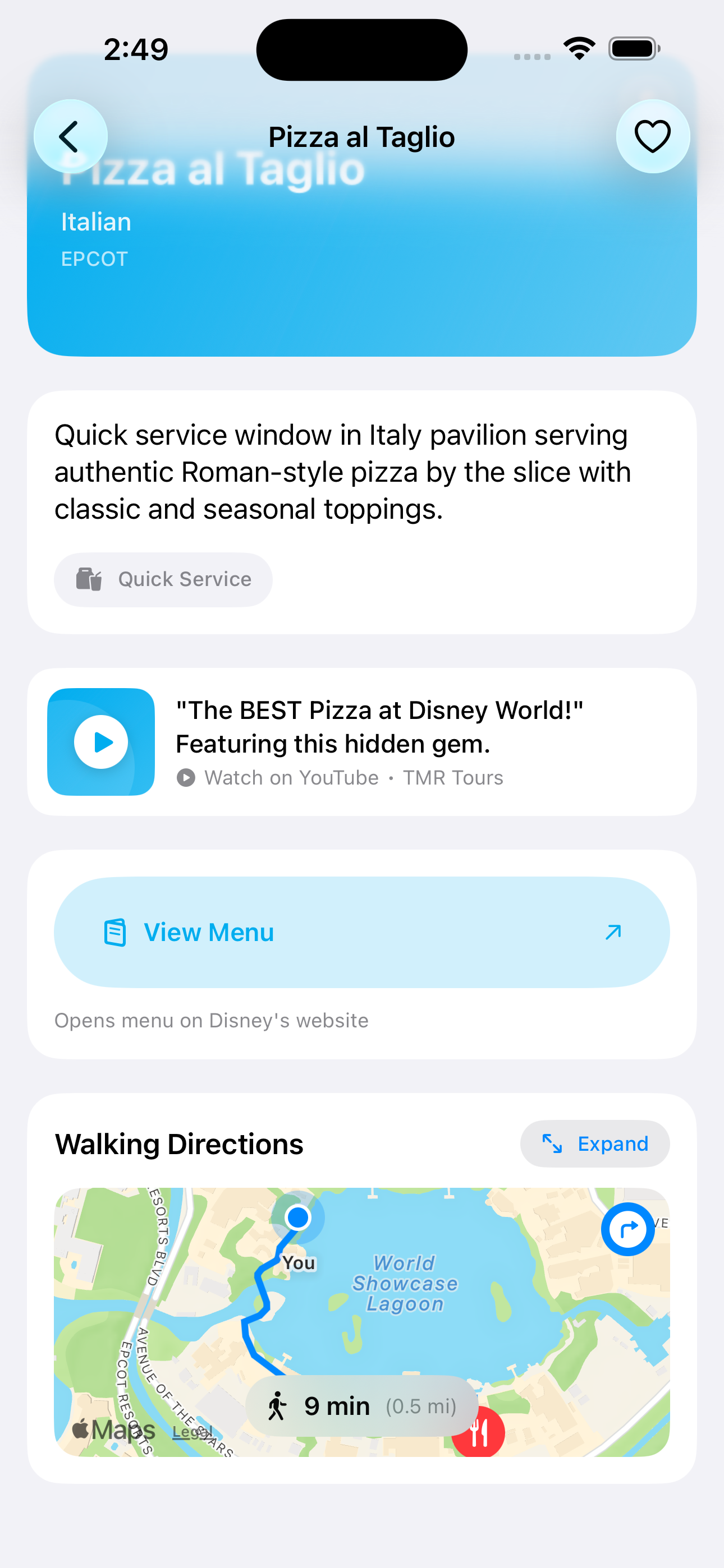 Park Eats restaurant detail with walking directions