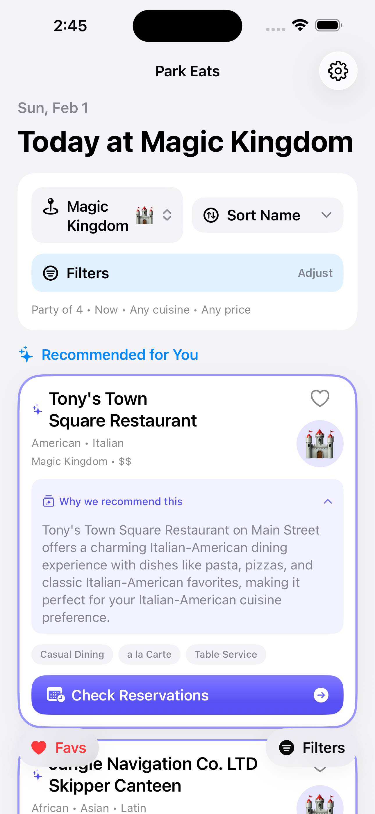 Park Eats main screen showing restaurant recommendations