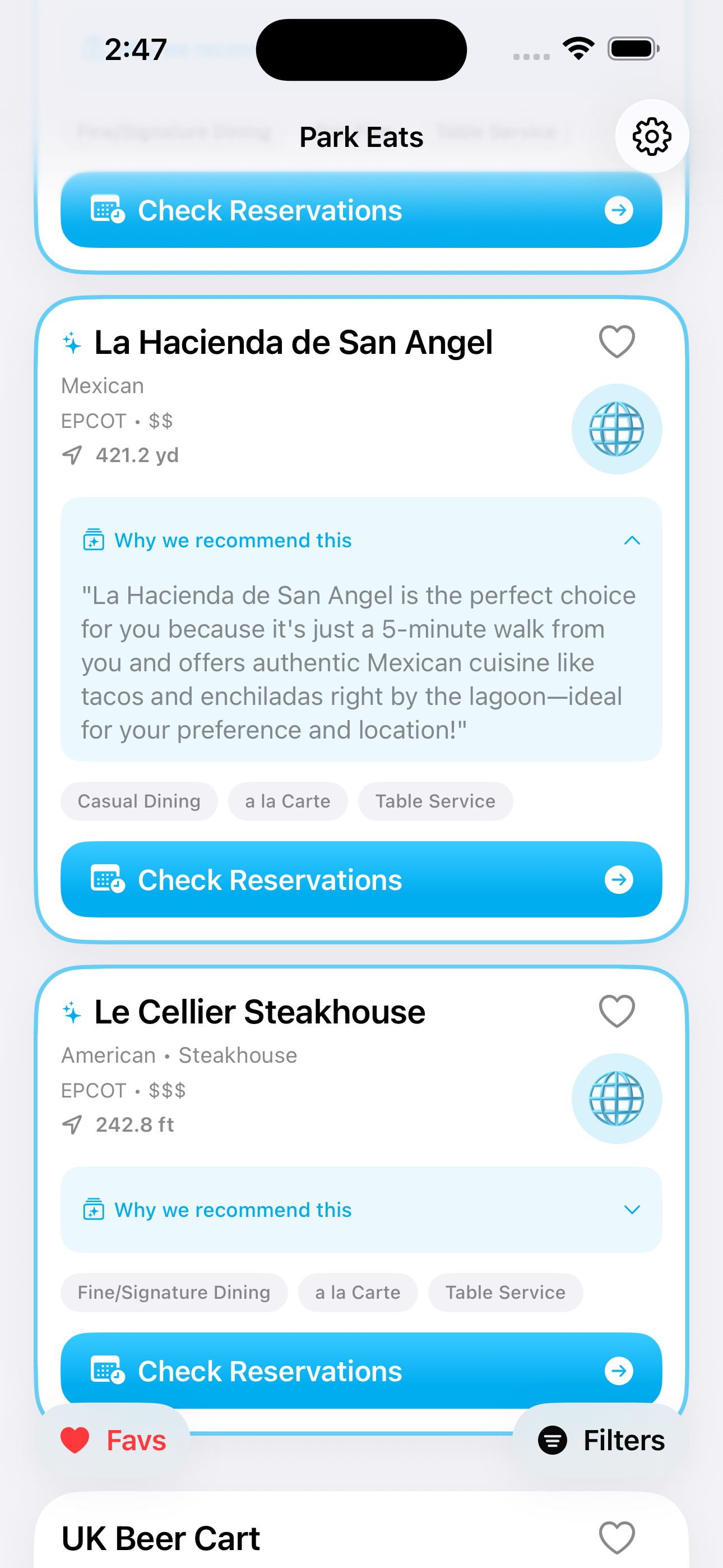 Park Eats restaurant list at EPCOT