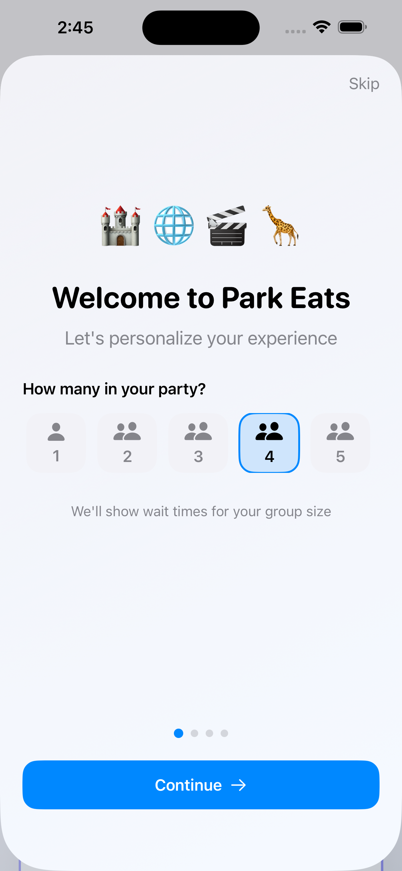 Park Eats onboarding - party size selection