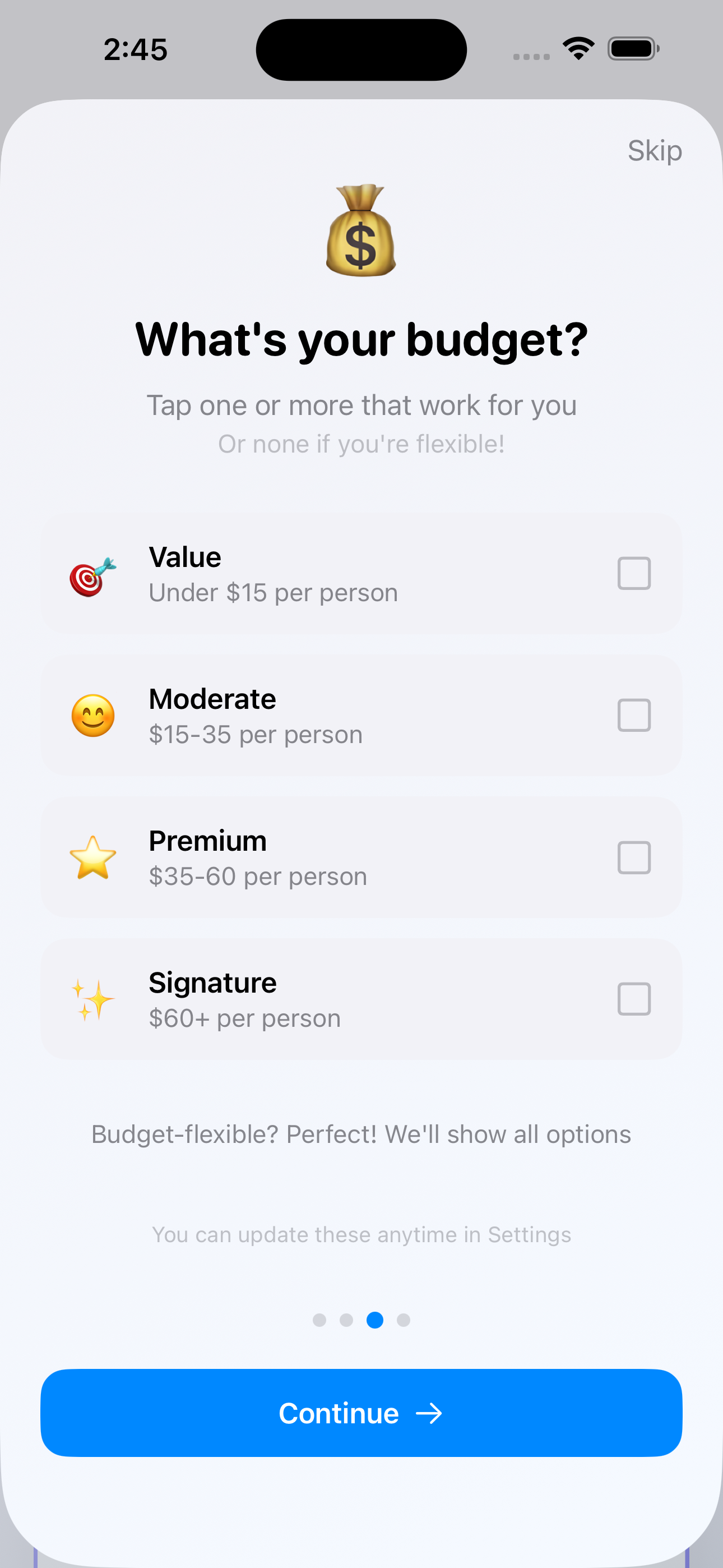 Park Eats onboarding - budget preferences